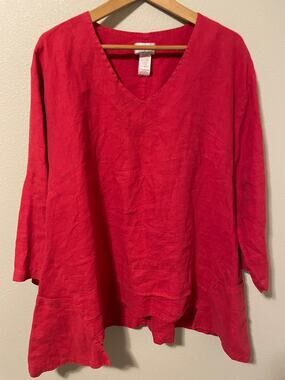 Vintage Mosaic Tunic Top Womens Large Red Linen V Neck Relaxed Lagenlook Boho